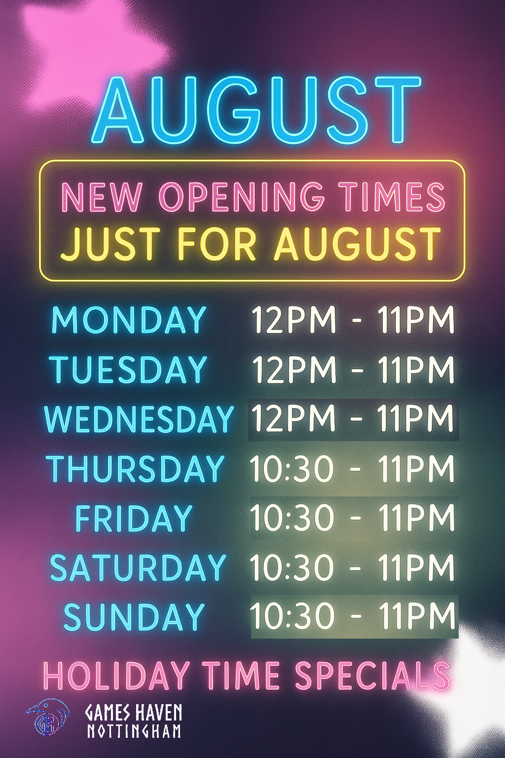 August Opening times