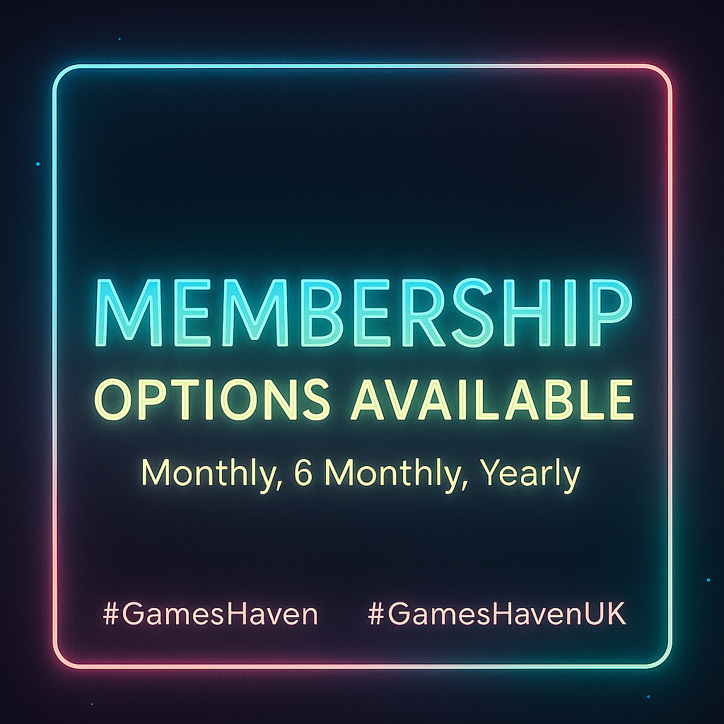Games Haven Memberships Play more. Pay less. Be part of the Haven. If you’re here more than twice a month, a membership just makes sense. At Games Haven UK, memberships unlock unlimited gaming sessions, priority event access, discounts, and the kind of bragging rights only our regulars truly understand. 🛡 What You Get: Unlimited weekday and weekend access (no session fees) Priority booking for events and leagues 10% off snacks, paints, dice, and select retail items Free use of our painting & hobby stations Member-only promos and surprise goodies throughout the year 💷 Membership Options: Monthly: £25 – best for flexible play Quarterly: £65 – save more, commit less 6 Months: £90 – most popular Annual: £140 – full send, best value 🎲 Pairs Membership: Just £12.50 per session for you + a mate if you’re not ready to commit (yet).
