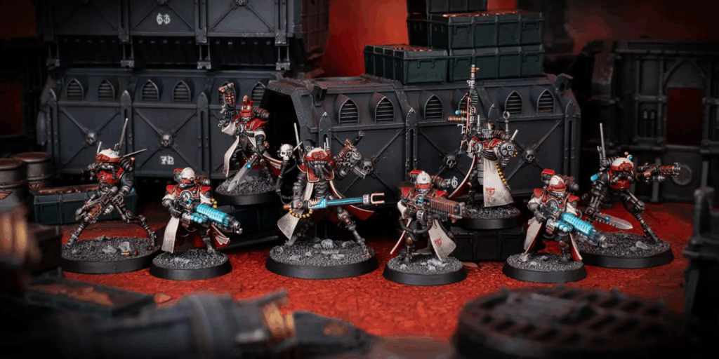 As you can see, I painted a total of eight models: a Skitarii Vanguard Alpha with phosphor blast pistol and power sword who will be the leader, a Sicarian Infiltrator Princeps with taser goad and flechette pistol as combat specialist, a Skitarii Vanguard with omnispex as comms specialist, a few gunners with an assortment of Credit: plasma calivers and arc rifle, plus a two more Infiltrators with power swords and stubcarbines. These models all add up nicely 100 pts exactly.