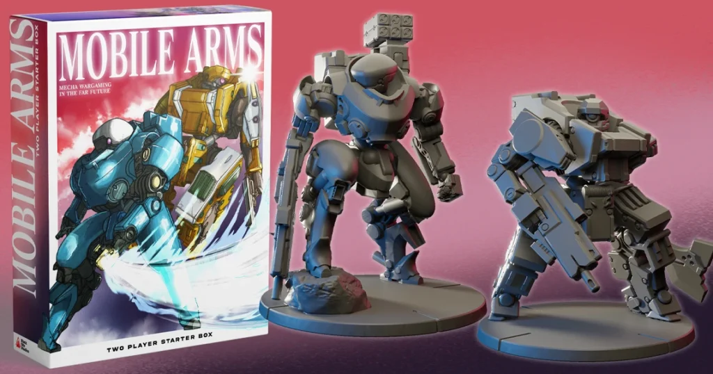 Mobile Arms is a near-future sci-fi miniatures skirmish game from Black Site Studios, known for their high-quality terrain and indie rulesets. The game combines cinematic mech combat with streamlined mechanics, customisable loadouts, and quick 45-minute battles that fit neatly into club nights or campaign seasons. With a new starter box including preassembled frames, terrain, cards, and dice, it’s an accessible entry point for both seasoned hobbyists and newcomers who love painting and playing giant robots.